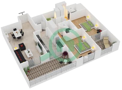 المخططات الطابقية لتصميم الوحدة 502 شقة 2 غرفة نوم - ذا بيلفيدير