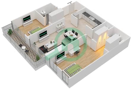 المخططات الطابقية لتصميم الوحدة 403 شقة 2 غرفة نوم - برج مارينا أركيد