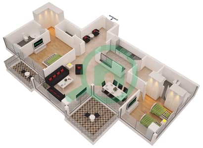 المخططات الطابقية لتصميم الوحدة 4 شقة 2 غرفة نوم - أيريس بلو