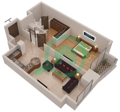 المخططات الطابقية لتصميم النموذج / الوحدة 1B/3 شقة 1 غرفة نوم - إيليت ريزيدنس
