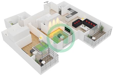 المخططات الطابقية لتصميم الوحدة 2 شقة 2 غرفة نوم - برج كونتيننتال