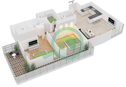 المخططات الطابقية لتصميم الوحدة 7 شقة 2 غرفة نوم - برج كونتيننتال