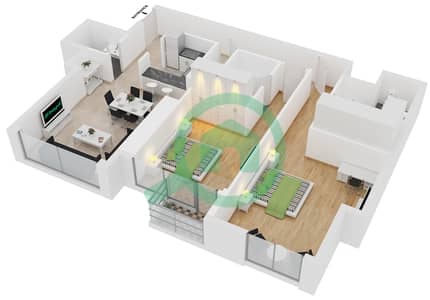 المخططات الطابقية لتصميم الوحدة 2 شقة 2 غرفة نوم - برج الحبتور