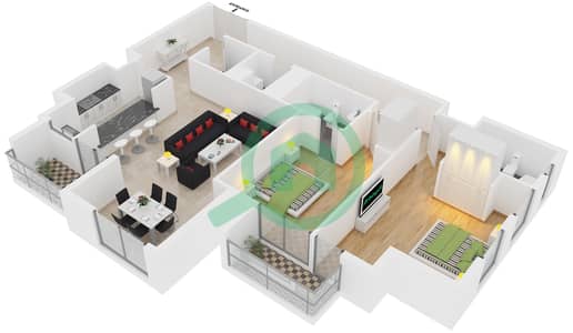 المخططات الطابقية لتصميم الوحدة 1 شقة 2 غرفة نوم - برج الحبتور