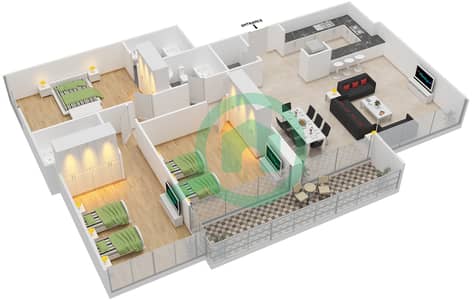 المخططات الطابقية لتصميم الوحدة 07 FLOOR 5,7,13,14 شقة 3 غرف نوم - أبراج كابيتال باي
