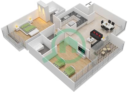 المخططات الطابقية لتصميم الوحدة 01 FLOOR 5,7,13,14 شقة 2 غرفة نوم - أبراج كابيتال باي