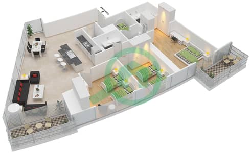 المخططات الطابقية لتصميم الوحدة 1 شقة 3 غرف نوم - برج D