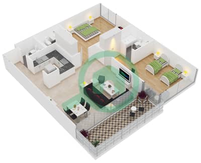 المخططات الطابقية لتصميم الوحدة 5 شقة 2 غرفة نوم - برج أفانتي
