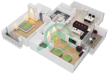 المخططات الطابقية لتصميم الوحدة 1 شقة 2 غرفة نوم - برج أفانتي