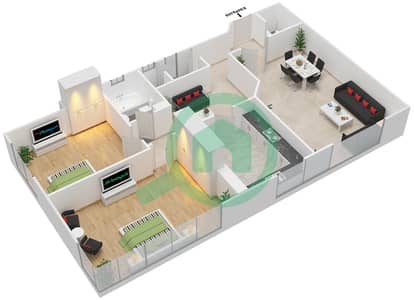 المخططات الطابقية لتصميم النموذج 4 شقة 2 غرفة نوم - برج النور الشارقة