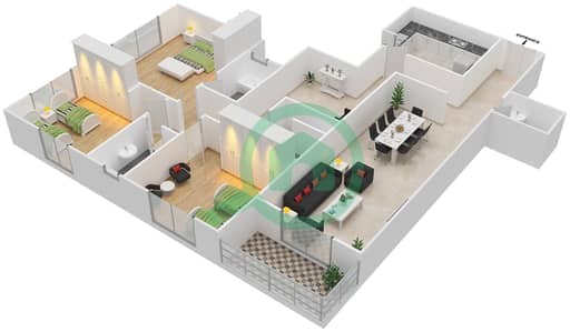 المخططات الطابقية لتصميم النموذج D شقة 3 غرف نوم - برج الرند