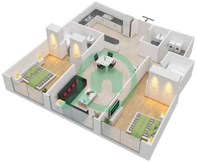 المخططات الطابقية لتصميم النموذج 3 شقة 2 غرفة نوم - باب البحر