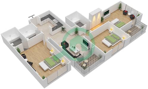 المخططات الطابقية لتصميم النموذج B3 شقة 3 غرف نوم - شابال ذا هارموني