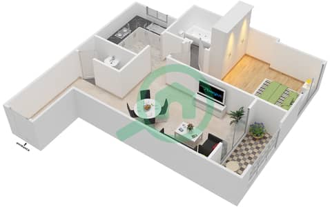 المخططات الطابقية لتصميم النموذج C شقة 1 غرفة نوم - برجي عجمان التوأم
