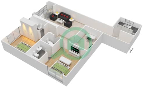 المخططات الطابقية لتصميم النموذج D شقة 2 غرفة نوم - برجي عجمان التوأم
