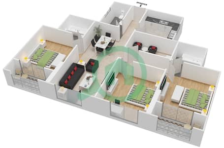 阿治曼双子大厦 - 3 卧室公寓类型E戶型图