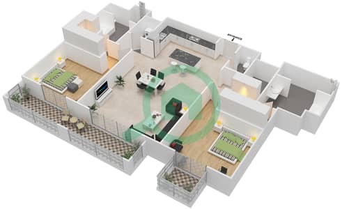 المخططات الطابقية لتصميم النموذج B شقة 2 غرفة نوم - مساكن سعديات سان ريجيس