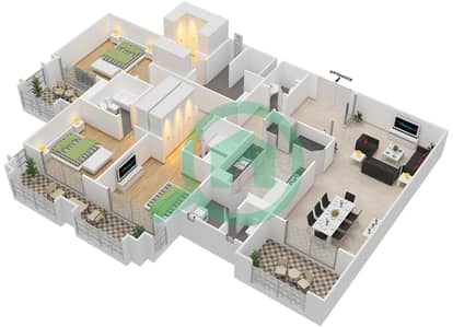 萨迪亚特海滩公寓 - 3 卧室公寓类型C1戶型图