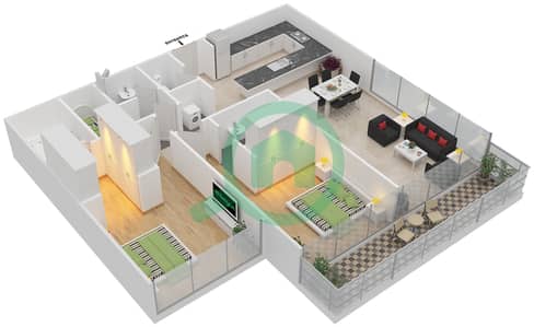 المخططات الطابقية لتصميم النموذج F شقة 2 غرفة نوم - سوهو سكوير