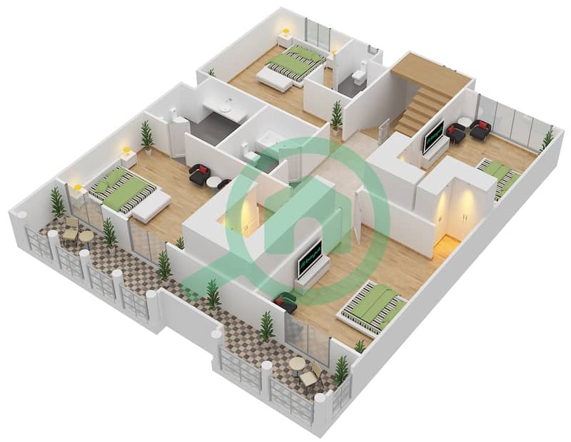 المخططات الطابقية لتصميم النموذج E1 فیلا 6 غرف نوم - قرية هيدرا First Floor image3D