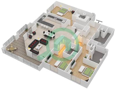 المخططات الطابقية لتصميم النموذج 1 شقة 3 غرف نوم - بروميناد القرم الشرقي 2