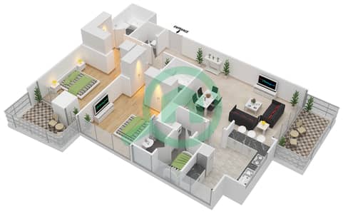 المخططات الطابقية لتصميم النموذج 7 شقة 2 غرفة نوم - أبراج الجارديان