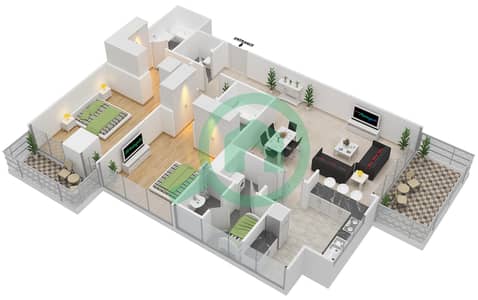 المخططات الطابقية لتصميم النموذج 1 شقة 2 غرفة نوم - أبراج الجارديان