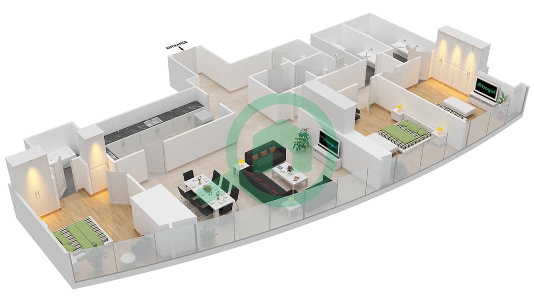 Floor plans for Type T23D 3bedroom Apartments in Etihad