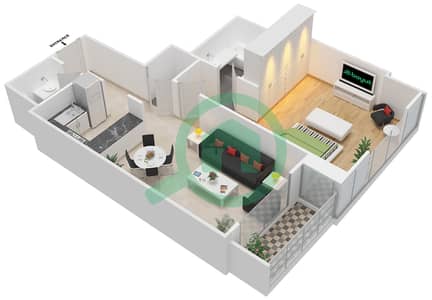 المخططات الطابقية لتصميم الوحدة A-12 شقة 1 غرفة نوم - برج القوس