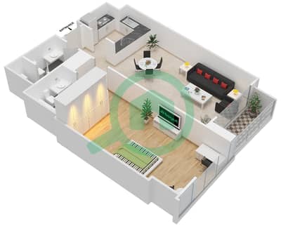 المخططات الطابقية لتصميم الوحدة C-18 شقة 1 غرفة نوم - برج القوس