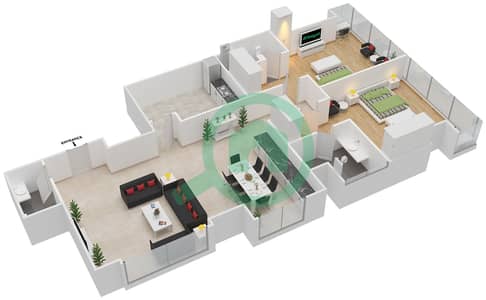 المخططات الطابقية لتصميم النموذج B شقة 2 غرفة نوم - ماج 5 ريزيدنس (برج B2)
