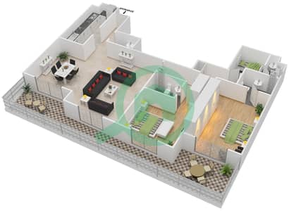 المخططات الطابقية لتصميم النموذج N شقة 2 غرفة نوم - أبراج أمایا