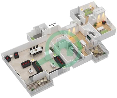 المخططات الطابقية لتصميم النموذج C شقة 3 غرف نوم - أبراج أمایا