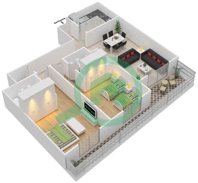 المخططات الطابقية لتصميم النموذج A شقة 2 غرفة نوم - أبراج أمایا