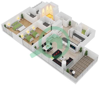 المخططات الطابقية لتصميم النموذج C شقة 2 غرفة نوم - مساكن ياسمينا