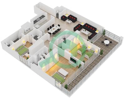 Yasmina Residence - 3 Bed Apartments Type C Floor 3,5,7,8,R-10 Floor plan