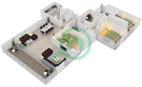 Yasmina Residence - 3 Bed Apartments Type E Floor 3,5,7,8,R10 Floor plan