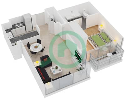 Yasmina Residence - 1 Bed Apartments Type D Floor 2,4,6,R-10 Floor plan