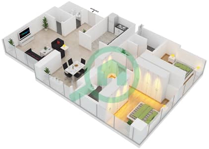 المخططات الطابقية لتصميم النموذج A شقة 2 غرفة نوم - برج تالا