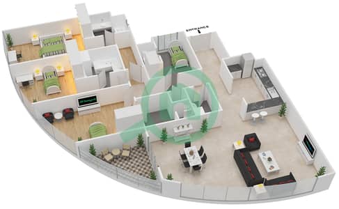 المخططات الطابقية لتصميم الوحدة 8 شقة 3 غرف نوم - برج سيجما 1