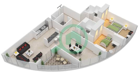 المخططات الطابقية لتصميم الوحدة 2 شقة 2 غرفة نوم - برج سيجما 1