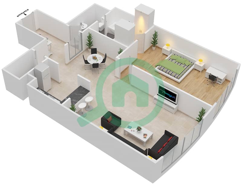 المخططات الطابقية لتصميم الوحدة 5 شقة 1 غرفة نوم - برج سيجما 1 image3D