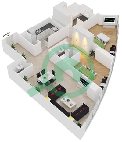المخططات الطابقية لتصميم النموذج E شقة 2 غرفة نوم - برج راك
