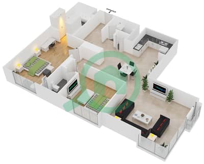 المخططات الطابقية لتصميم النموذج D شقة 2 غرفة نوم - برج راك