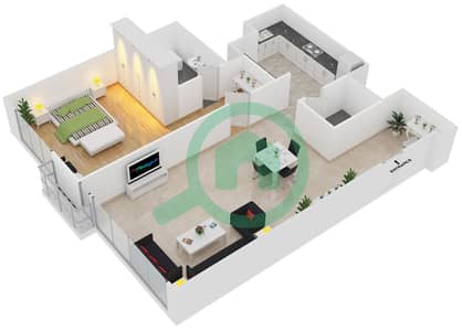 المخططات الطابقية لتصميم النموذج B شقة 1 غرفة نوم - برج راك