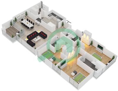 المخططات الطابقية لتصميم النموذج H شقة 3 غرف نوم - مساكن أوشين تيراس
