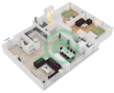 المخططات الطابقية لتصميم النموذج F شقة 2 غرفة نوم - مساكن أوشين تيراس