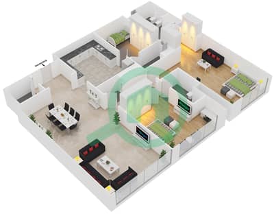 المخططات الطابقية لتصميم النموذج E شقة 2 غرفة نوم - مساكن أوشين تيراس