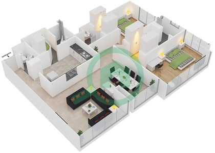 المخططات الطابقية لتصميم النموذج D شقة 2 غرفة نوم - مساكن أوشين تيراس