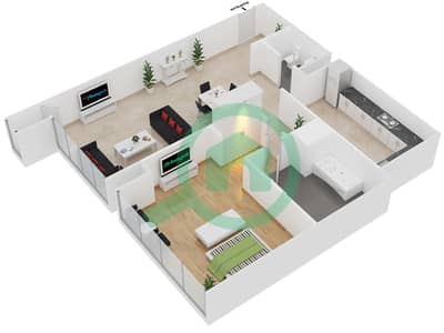 المخططات الطابقية لتصميم النموذج B1 شقة 1 غرفة نوم - مساكن أوشين تيراس